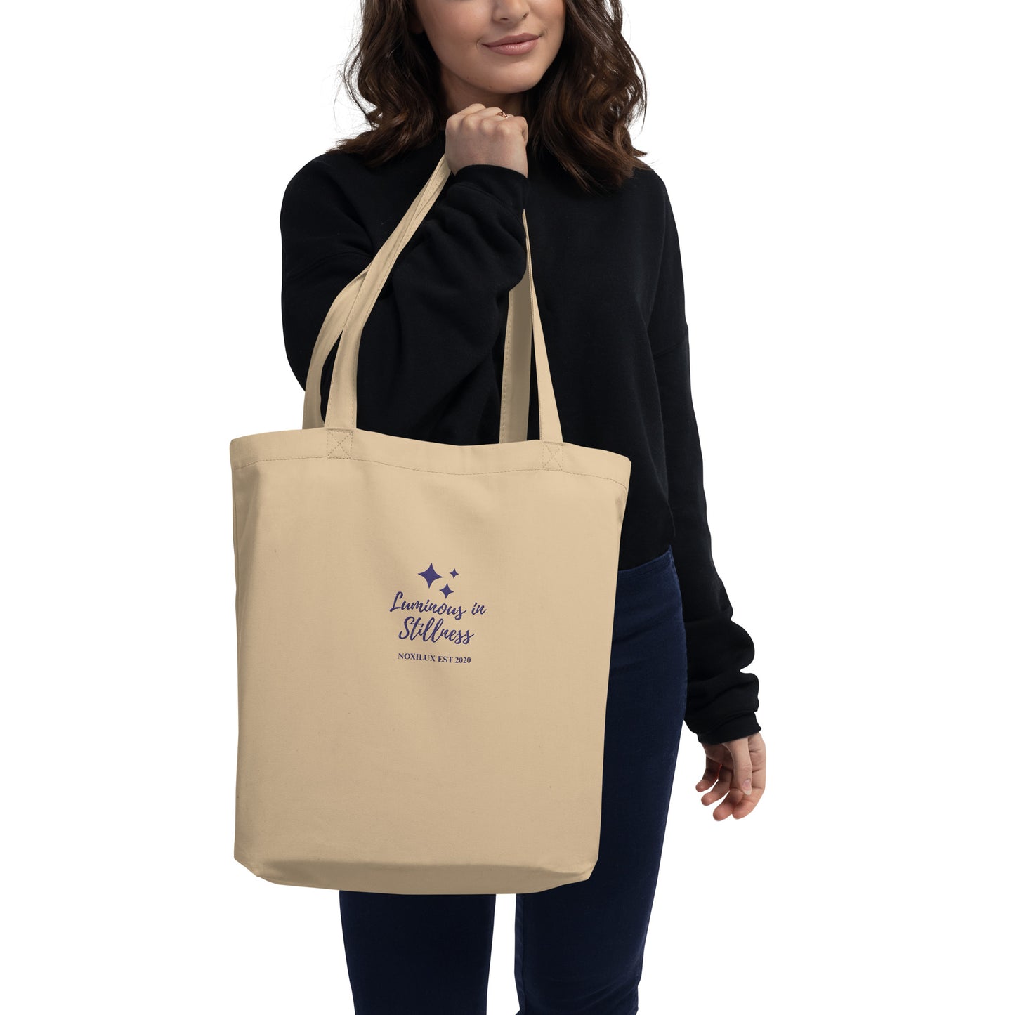 Luminous in Stillness Embroidered Affirmation Eco Shopping Tote Bag Beige organic cotton  