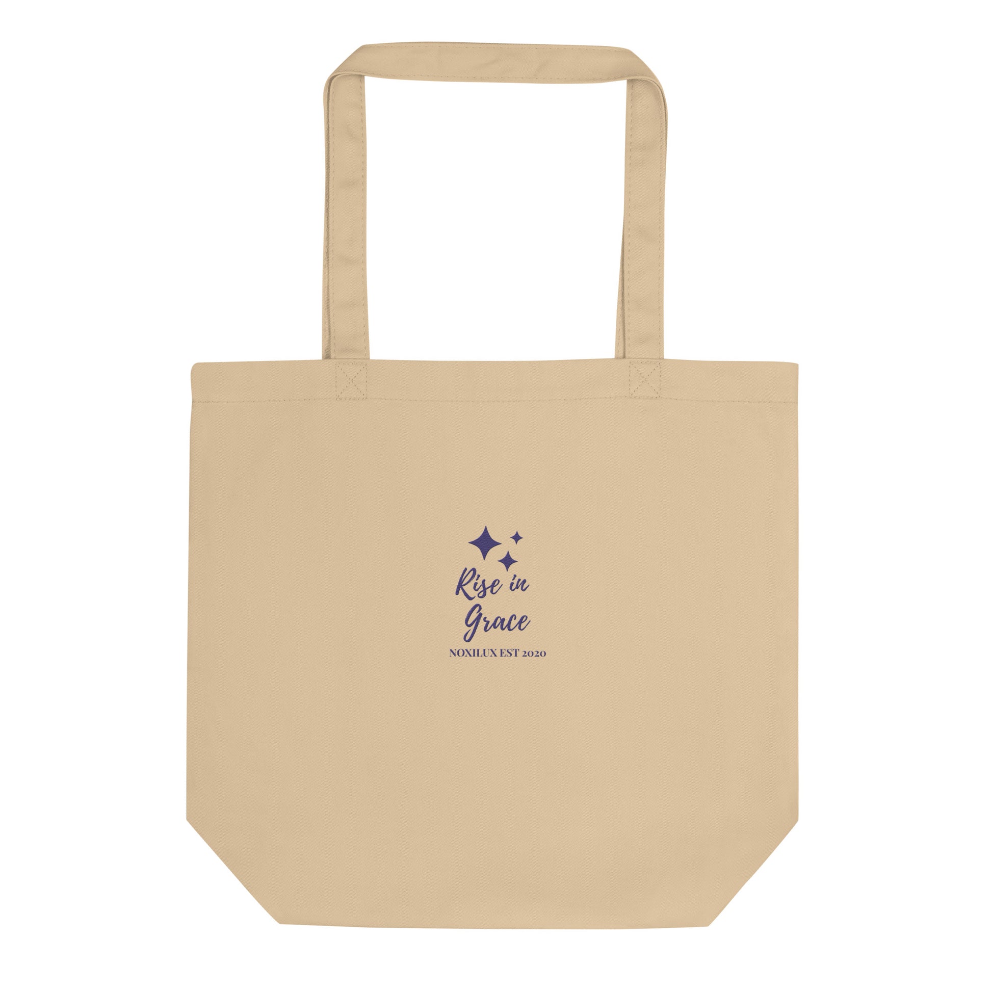 Rise in grace embroidered affirmation on a shopping tote bag organic cotton certified and eco 
