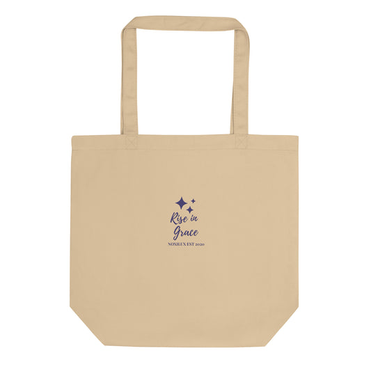 Rise in grace embroidered affirmation on a shopping tote bag organic cotton certified and eco 