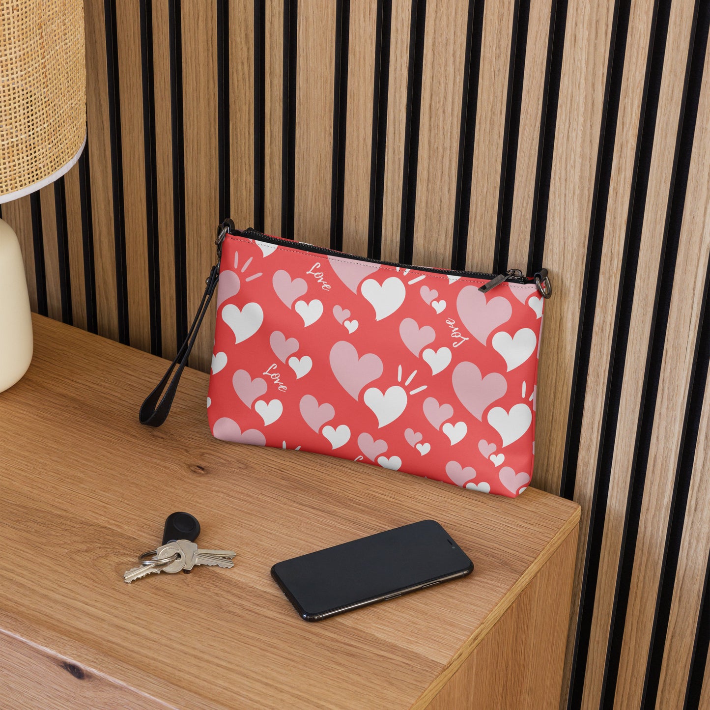Women Crossbody Bag Faux Leather Pink Hearts