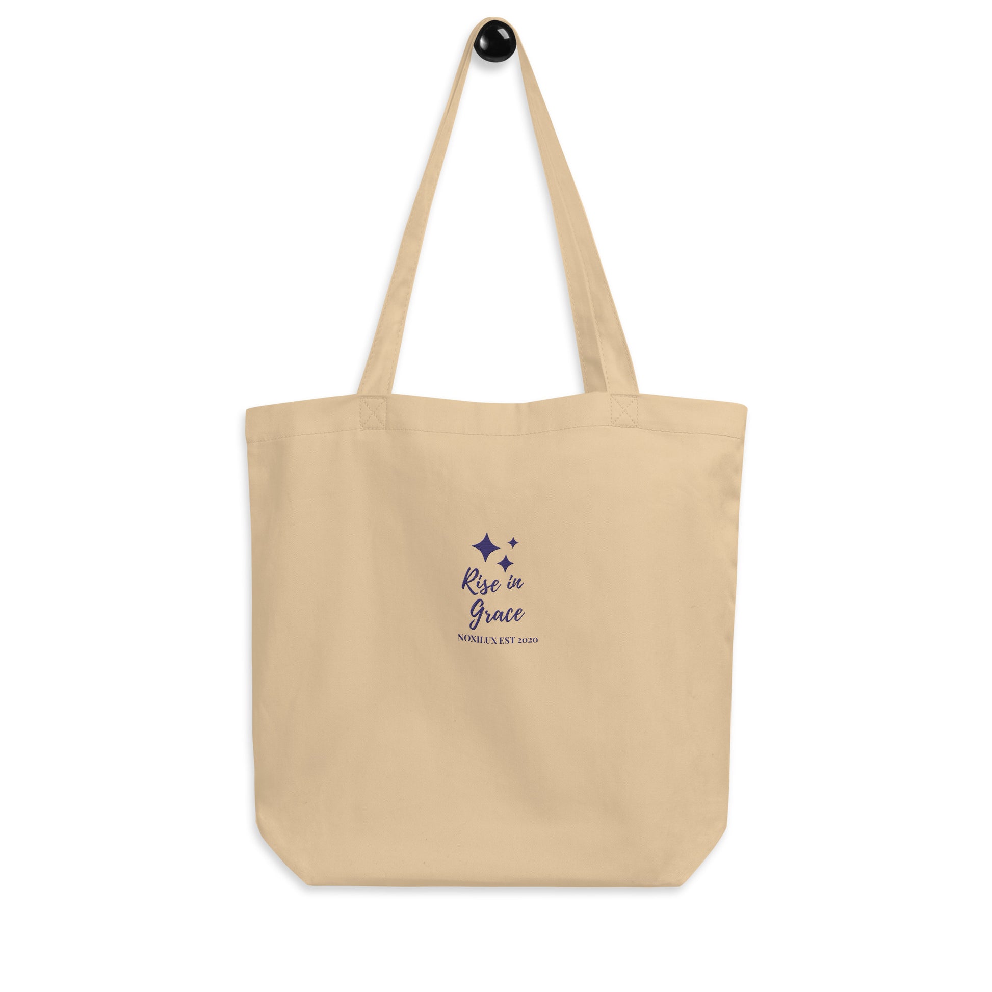 Rise in grace embroidered affirmation on a shopping tote bag organic cotton certified and eco 