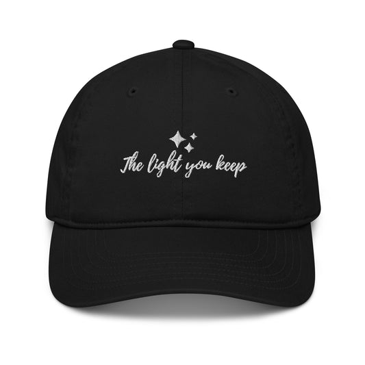 Unisex organic cotton baseball cap black with embroidered affirmation the light you keep with sparkles