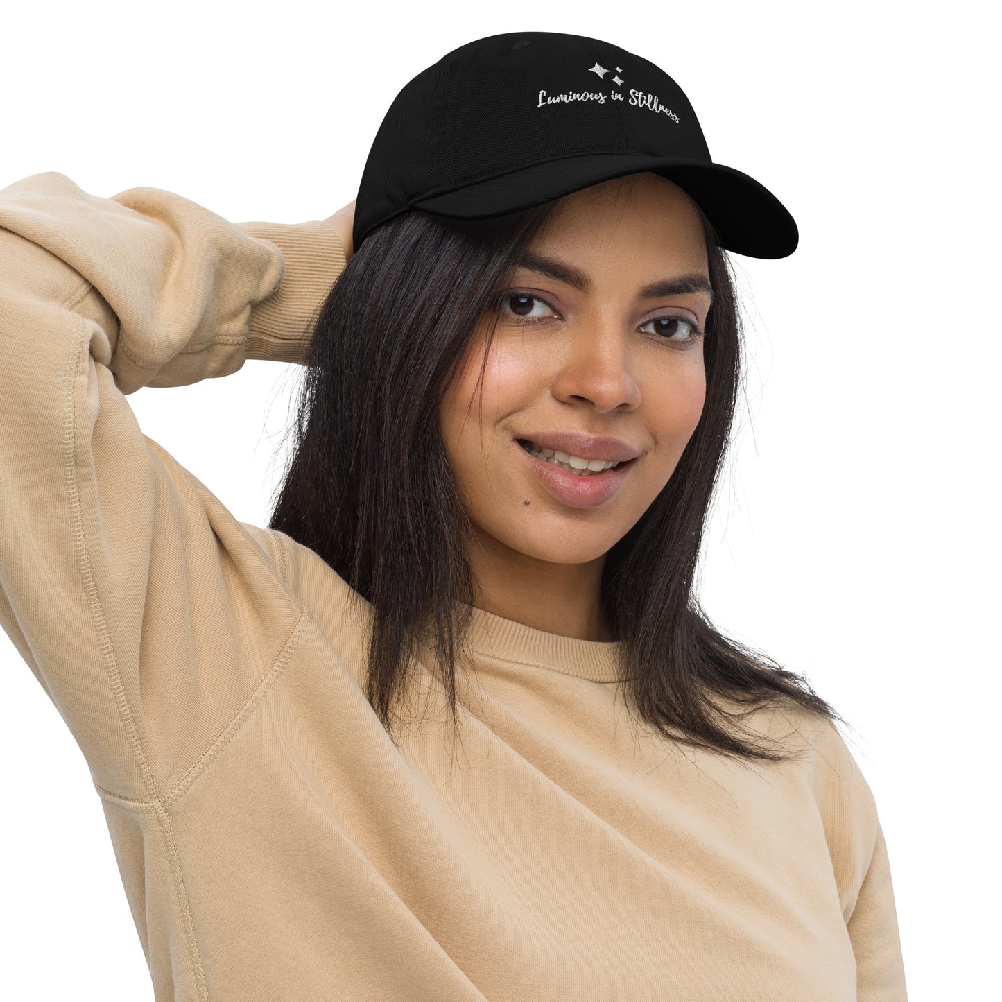 Unisex organic cotton baseball cap  with embroidered affirmation luminous in stillness