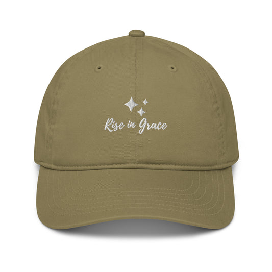 Unisex organic cotton baseball cap jungle green with embroidered affirmation rise in grace