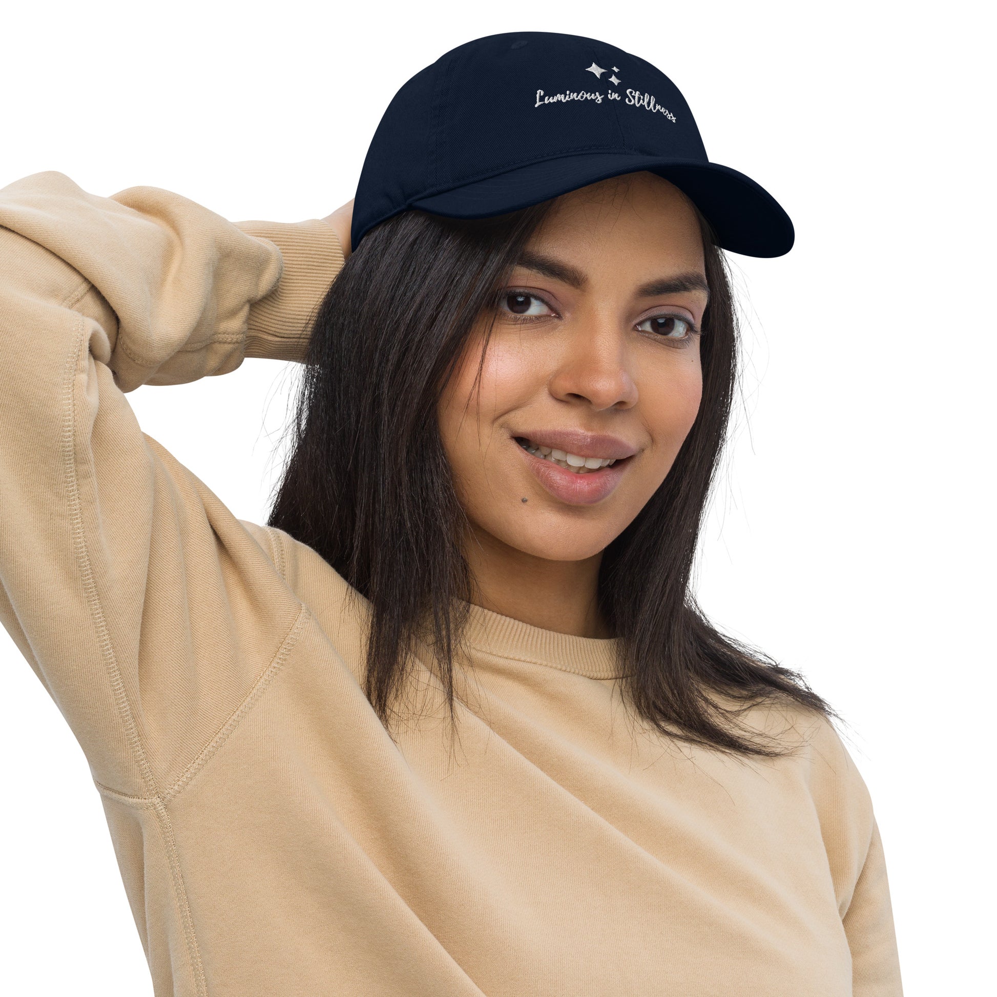 Unisex organic cotton baseball cap  with embroidered affirmation luminous in stillness