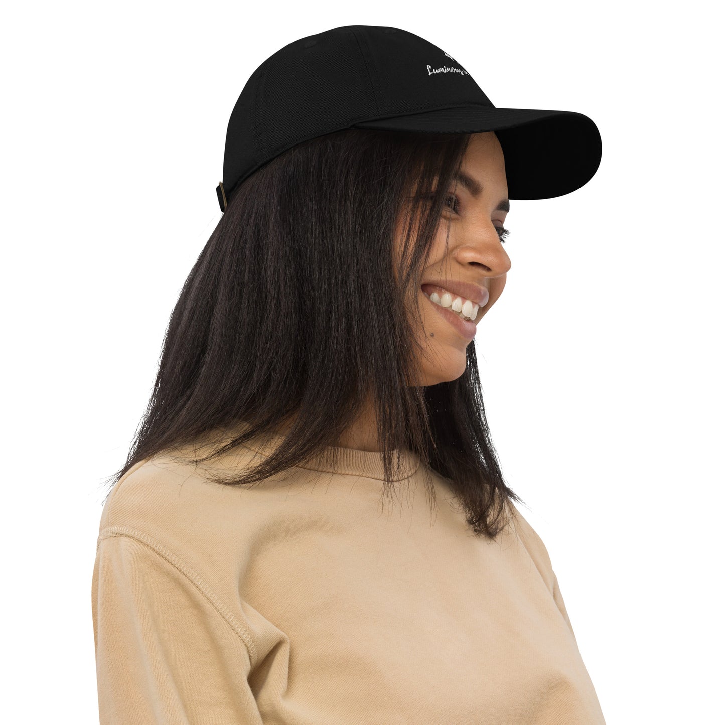 Unisex organic cotton baseball cap  with embroidered affirmation luminous in stillness
