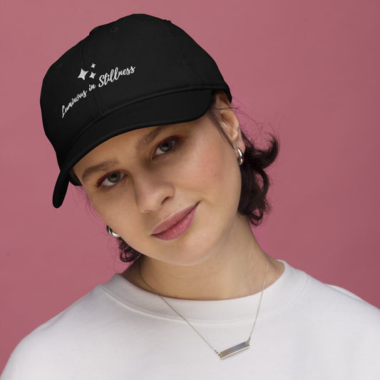 Unisex organic cotton baseball cap  with embroidered affirmation luminous in stillness black 