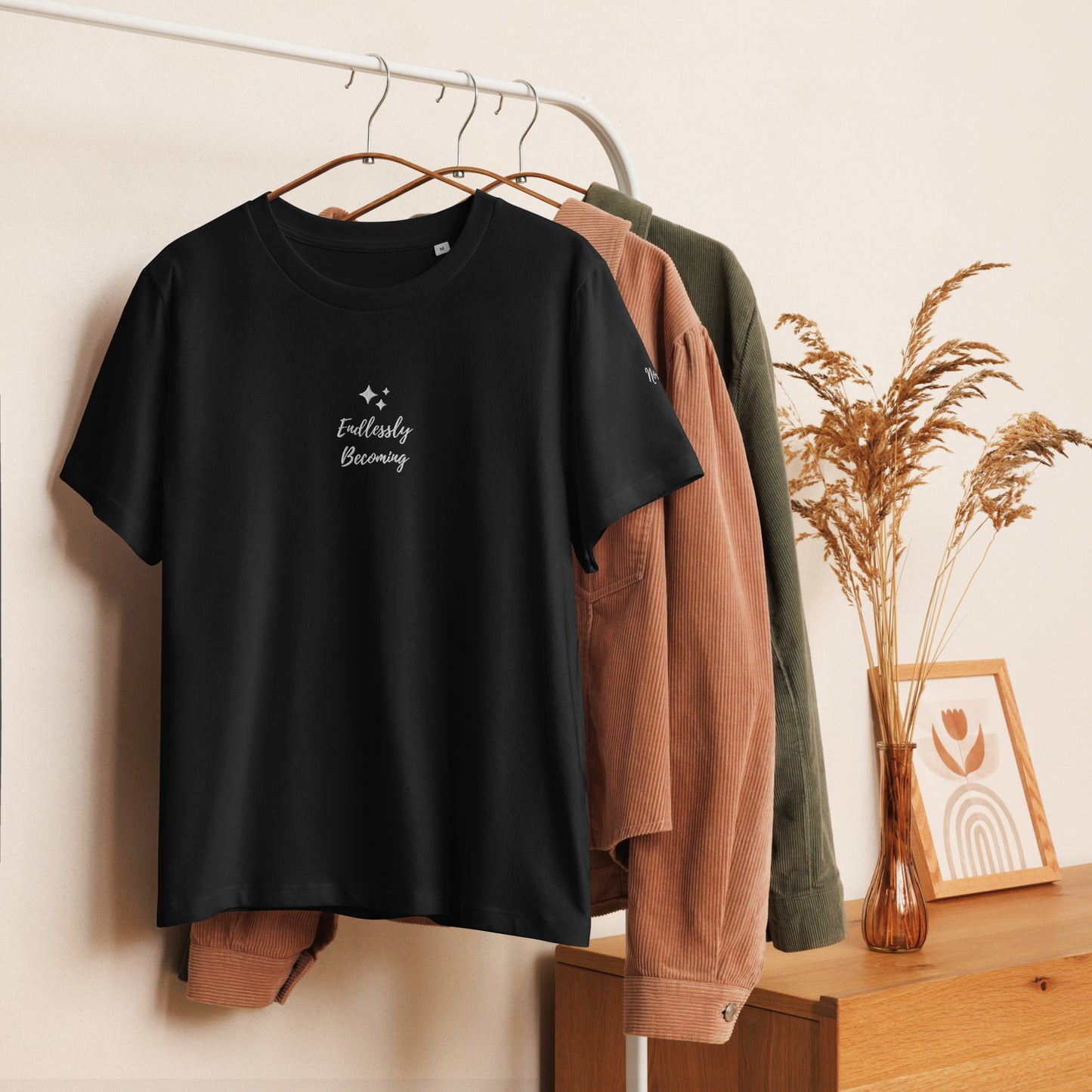 Product mockup | Women Tshirt Short Sleeve Organic Cotton Embroidered Where the Light Shines Affirmation 