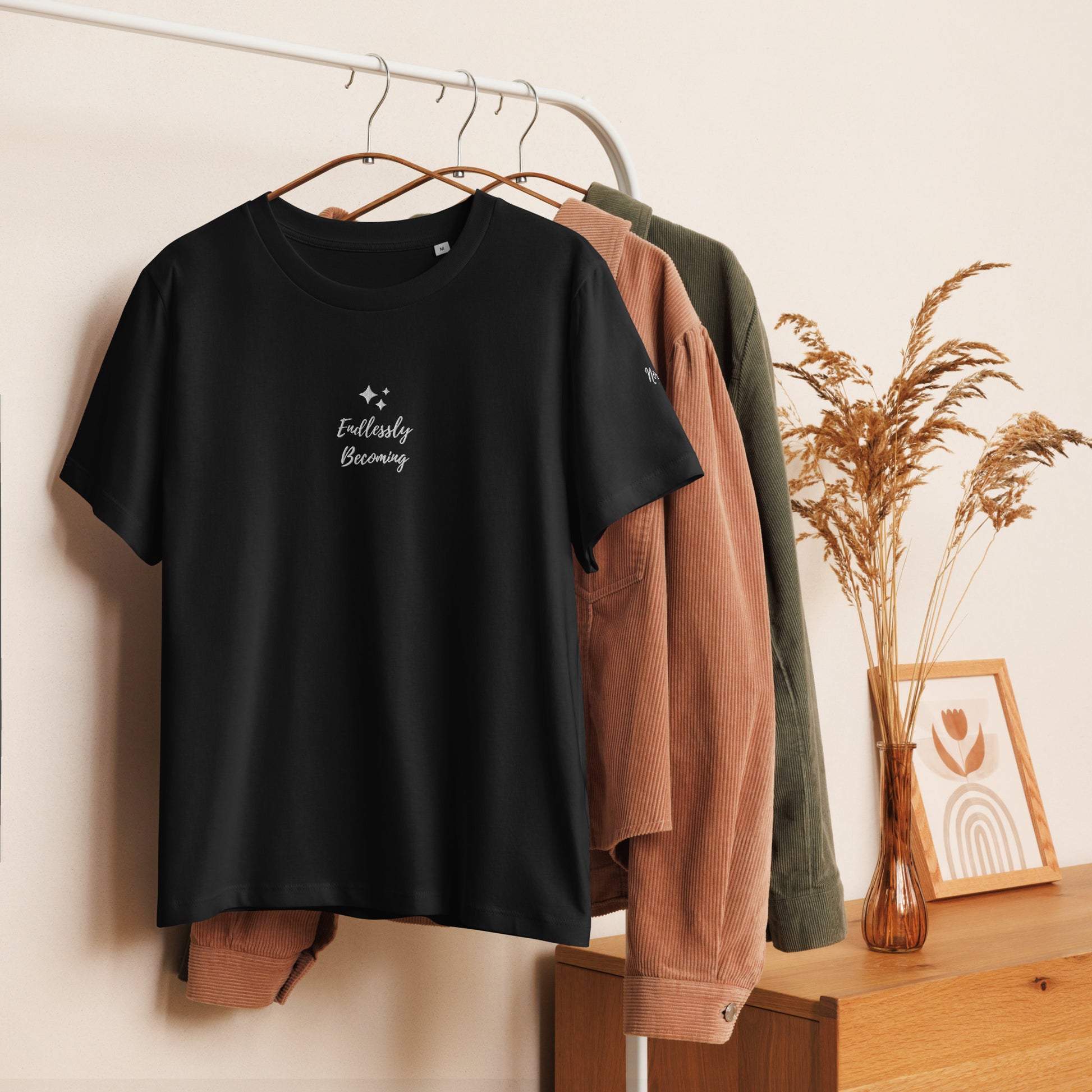 Product mockup | Women Tshirt Short Sleeve Organic Cotton Embroidered Where the Light Shines Affirmation 